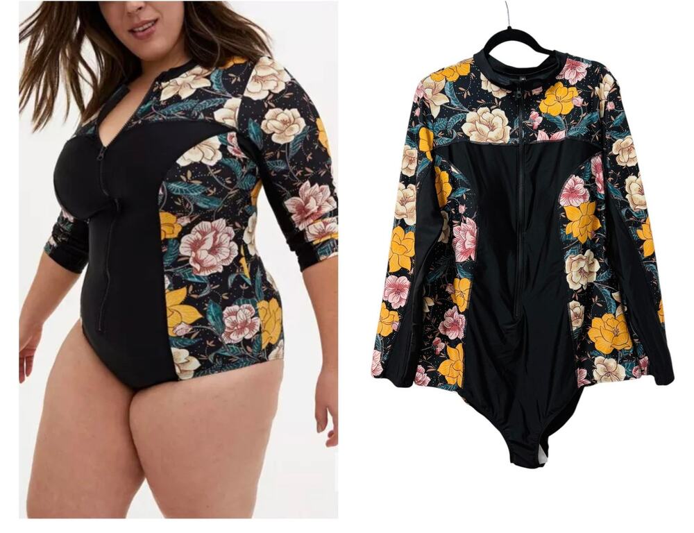 Torrid 3 (3x 22/24) Long Sleeve Black One Piece Zip Rash Guard Zip Up Swimsuit